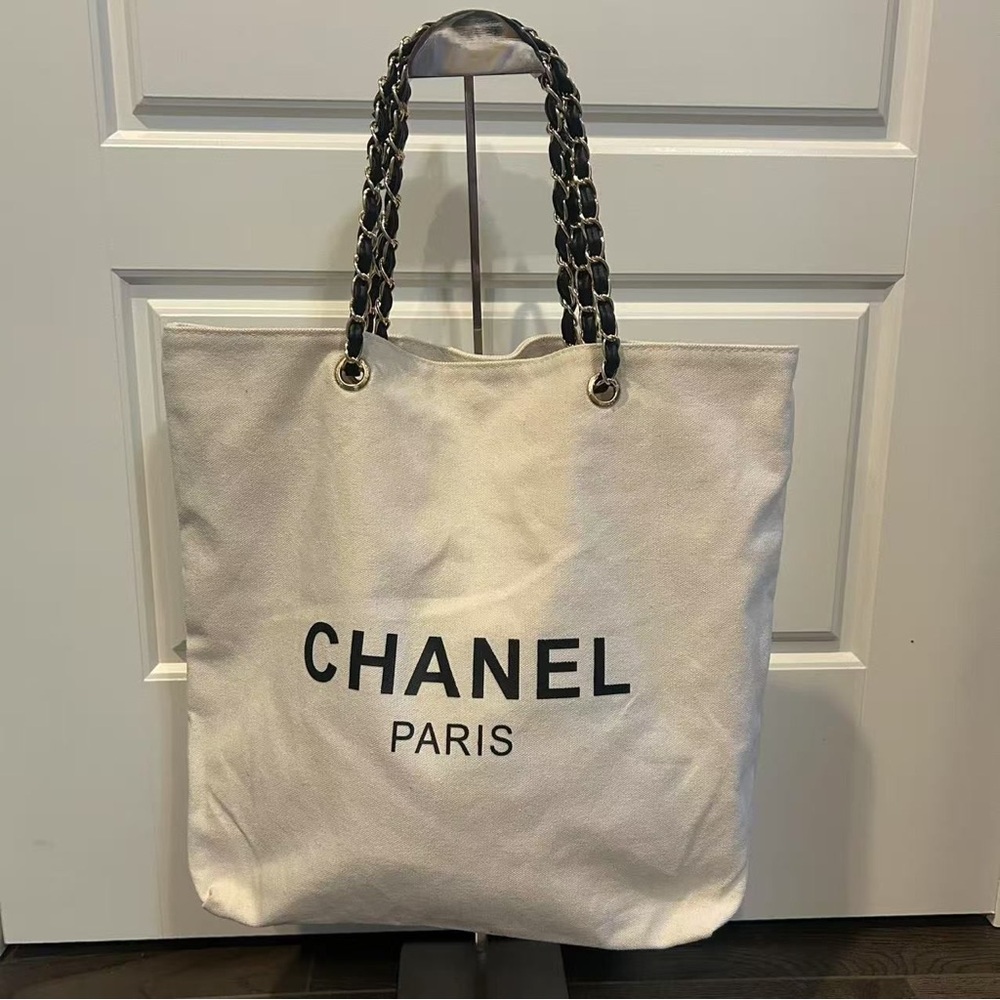 CHANEL White Canvas Tote Bag